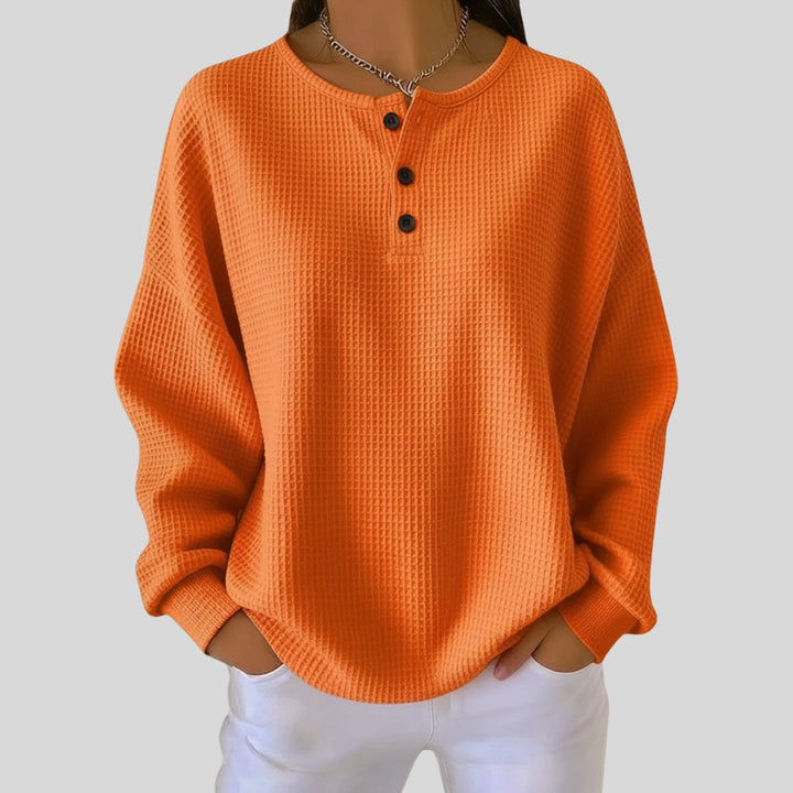 Dames Oversized Waffle Knit Sweater Henley Knoopsluiting