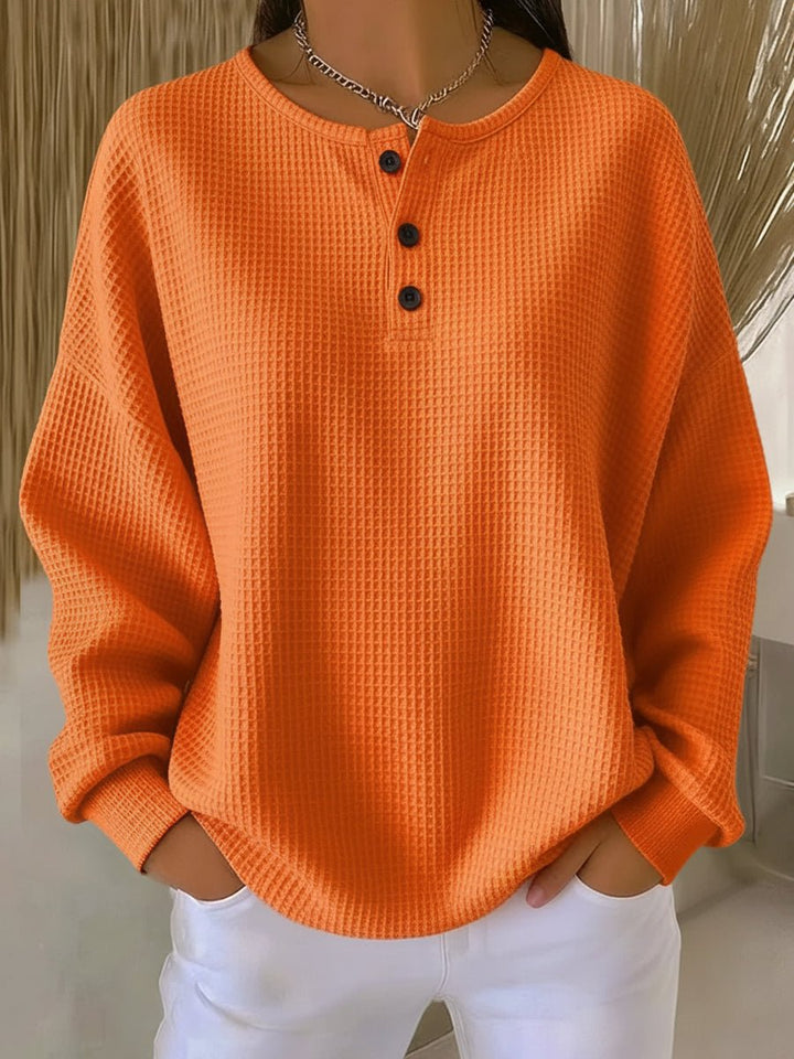 Dames Oversized Waffle Knit Sweater Henley Knoopsluiting - Oranje