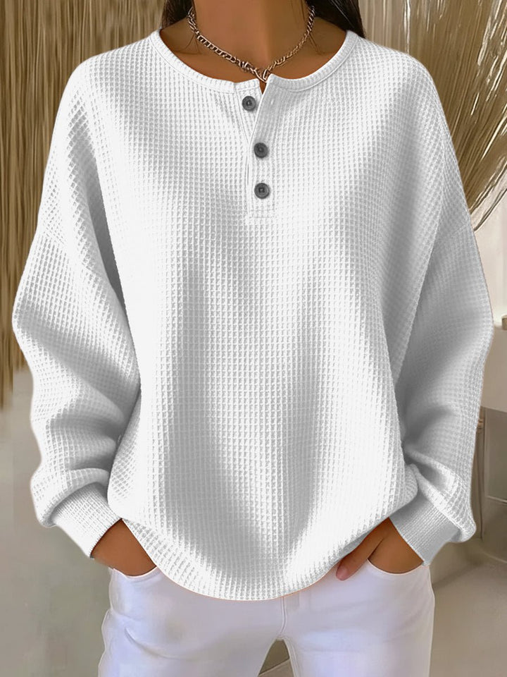 Dames Oversized Waffle Knit Sweater Henley Knoopsluiting - Wit