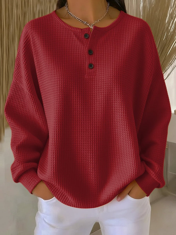 Dames Oversized Waffle Knit Sweater Henley Knoopsluiting - Rood