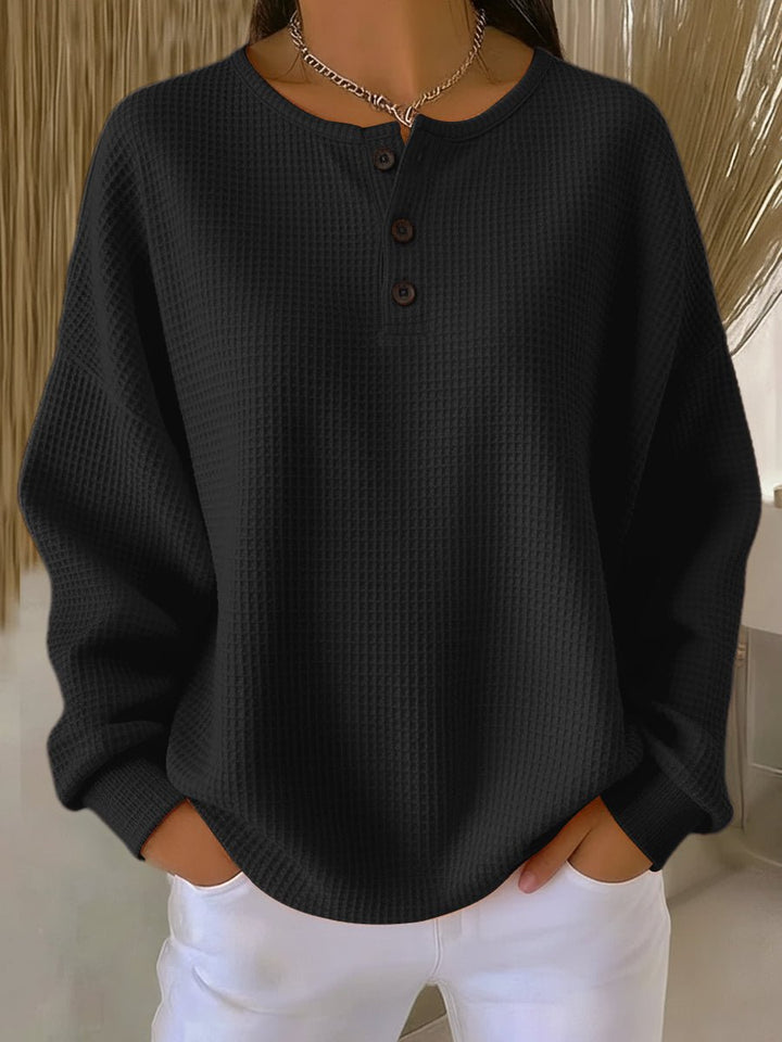 Dames Oversized Waffle Knit Sweater Henley Knoopsluiting - Zwart