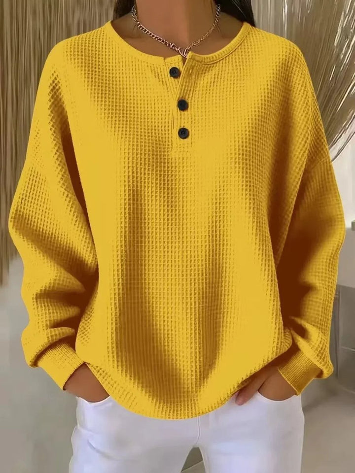 Dames Oversized Waffle Knit Sweater Henley Knoopsluiting - Geel