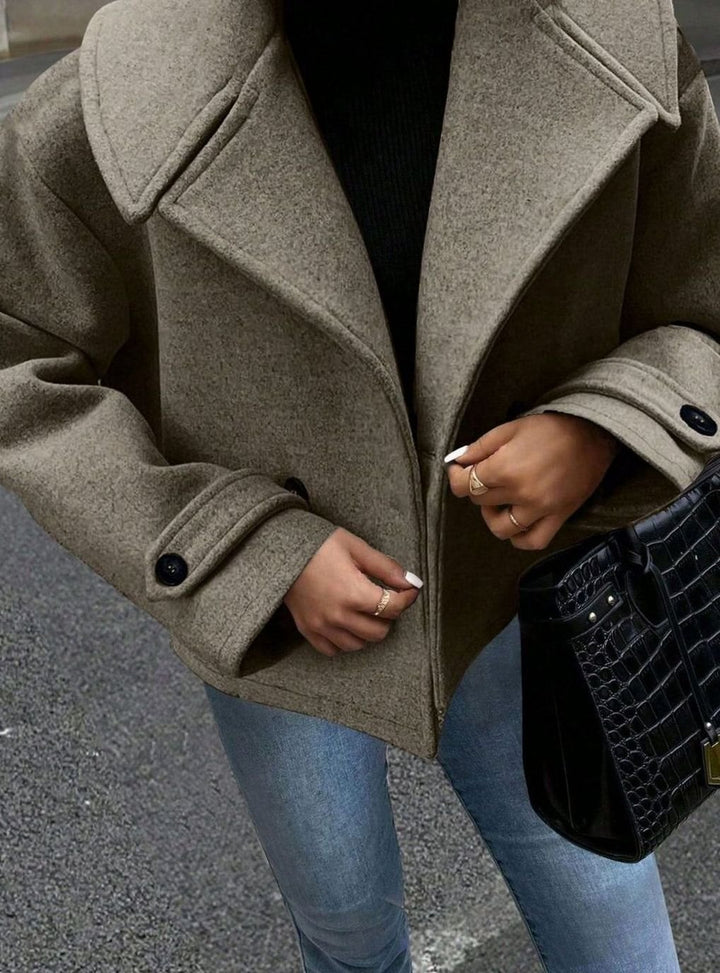 Dames Oversized Winterjas Brede Kraag Dubbelrijige Wollen Mantel - Mokka