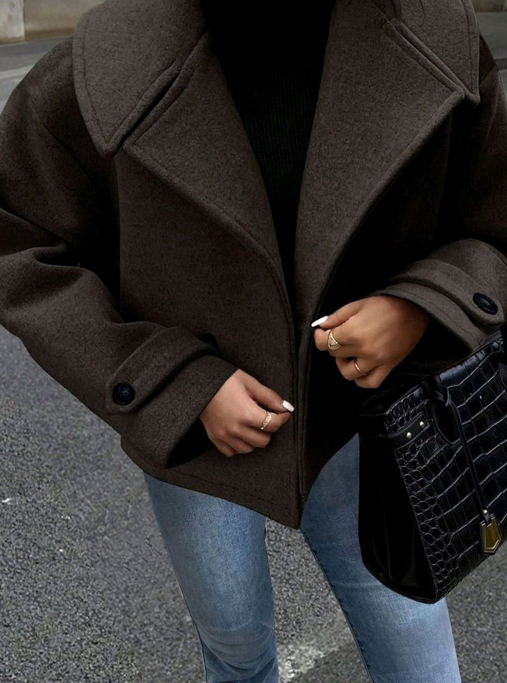 Dames Oversized Winterjas Brede Kraag Dubbelrijige Wollen Mantel - Koffie
