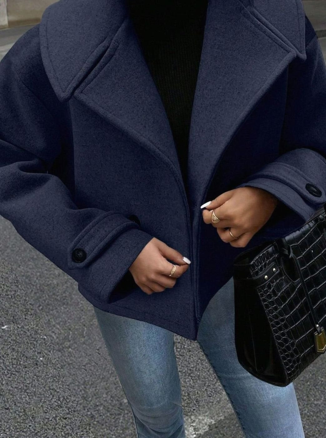 Dames Oversized Winterjas Brede Kraag Dubbelrijige Wollen Mantel - Donkerblauw