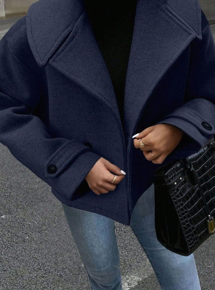 Dames Oversized Winterjas Brede Kraag Dubbelrijige Wollen Mantel - Donkerblauw