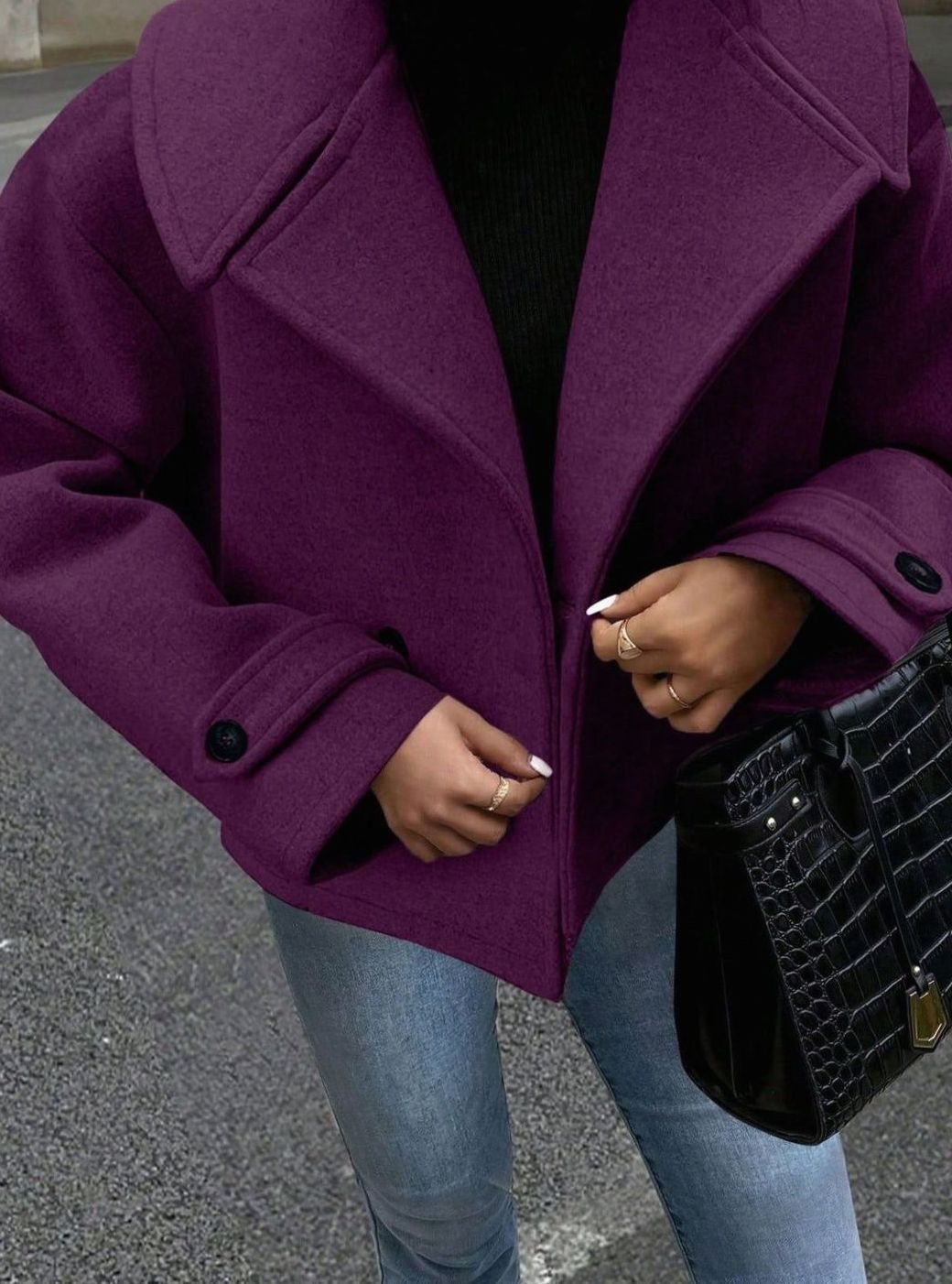 Dames Oversized Winterjas Brede Kraag Dubbelrijige Wollen Mantel - Paars