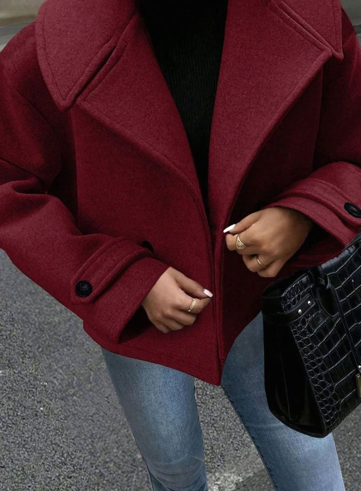 Dames Oversized Winterjas Brede Kraag Dubbelrijige Wollen Mantel - Bordeaux