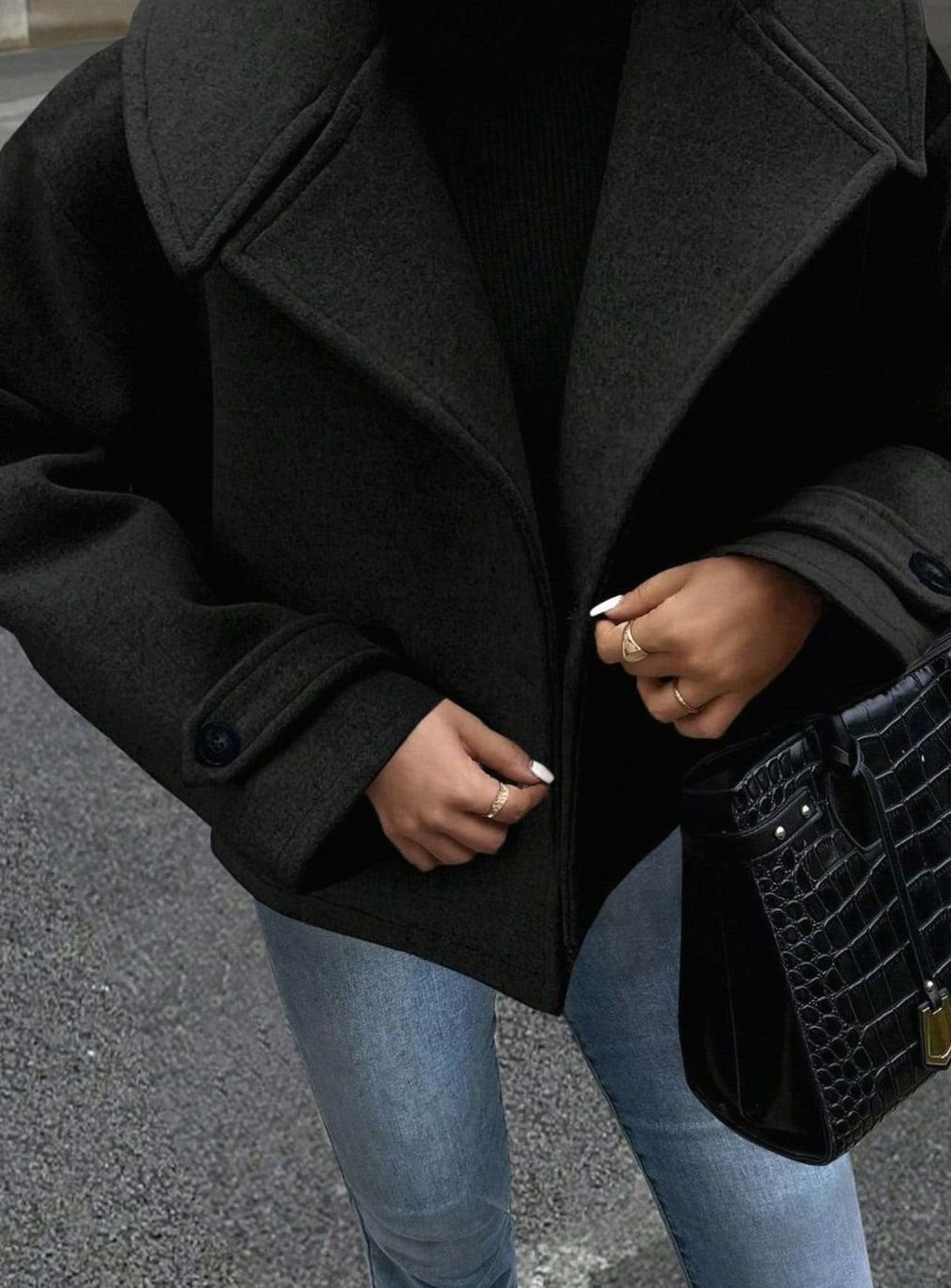 Dames Oversized Winterjas Brede Kraag Dubbelrijige Wollen Mantel - Zwart
