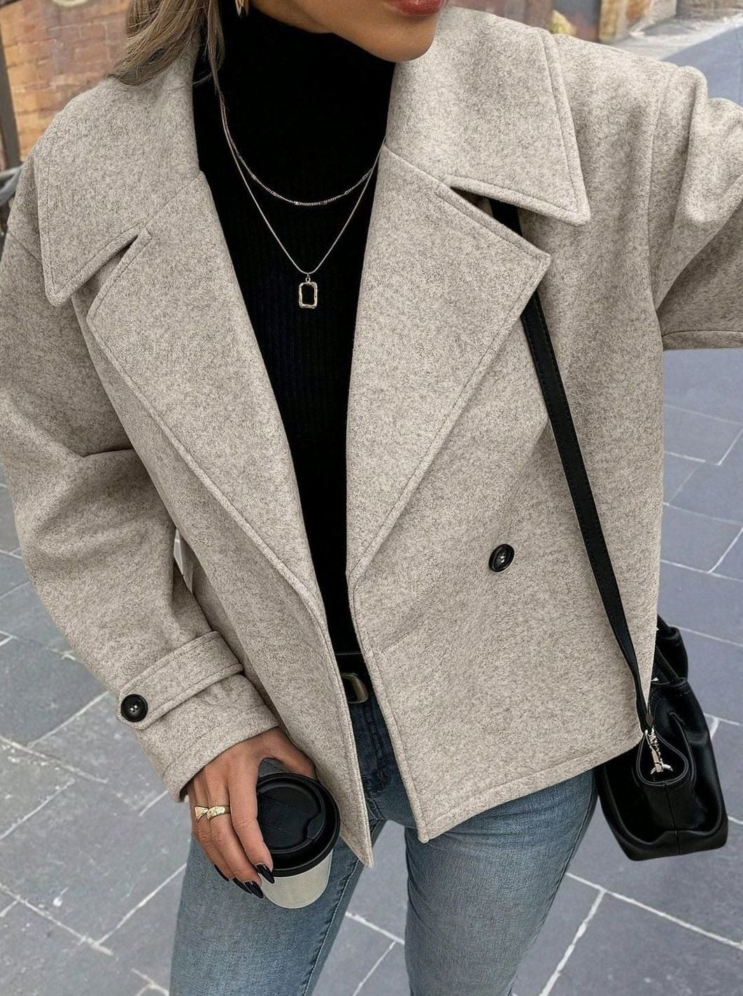 Dames Oversized Winterjas Brede Kraag Dubbelrijige Wollen Mantel