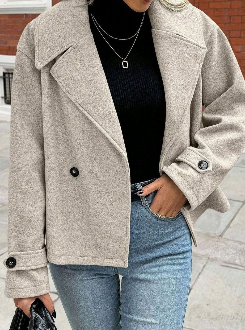 Dames Oversized Winterjas Brede Kraag Dubbelrijige Wollen Mantel