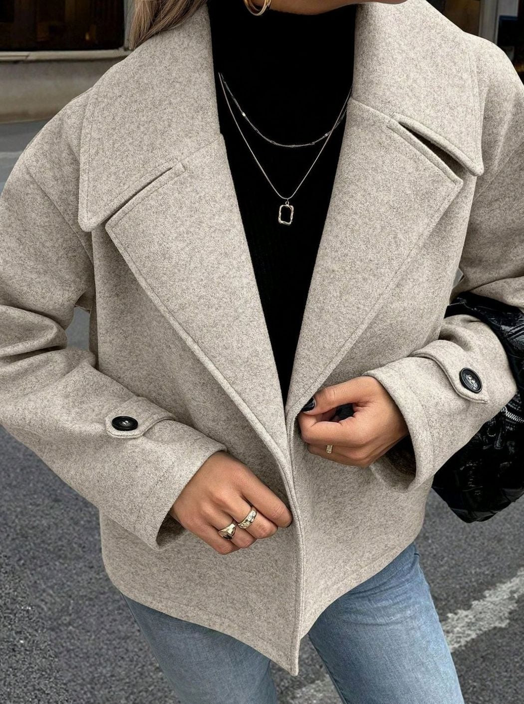 Dames Oversized Winterjas Brede Kraag Dubbelrijige Wollen Mantel