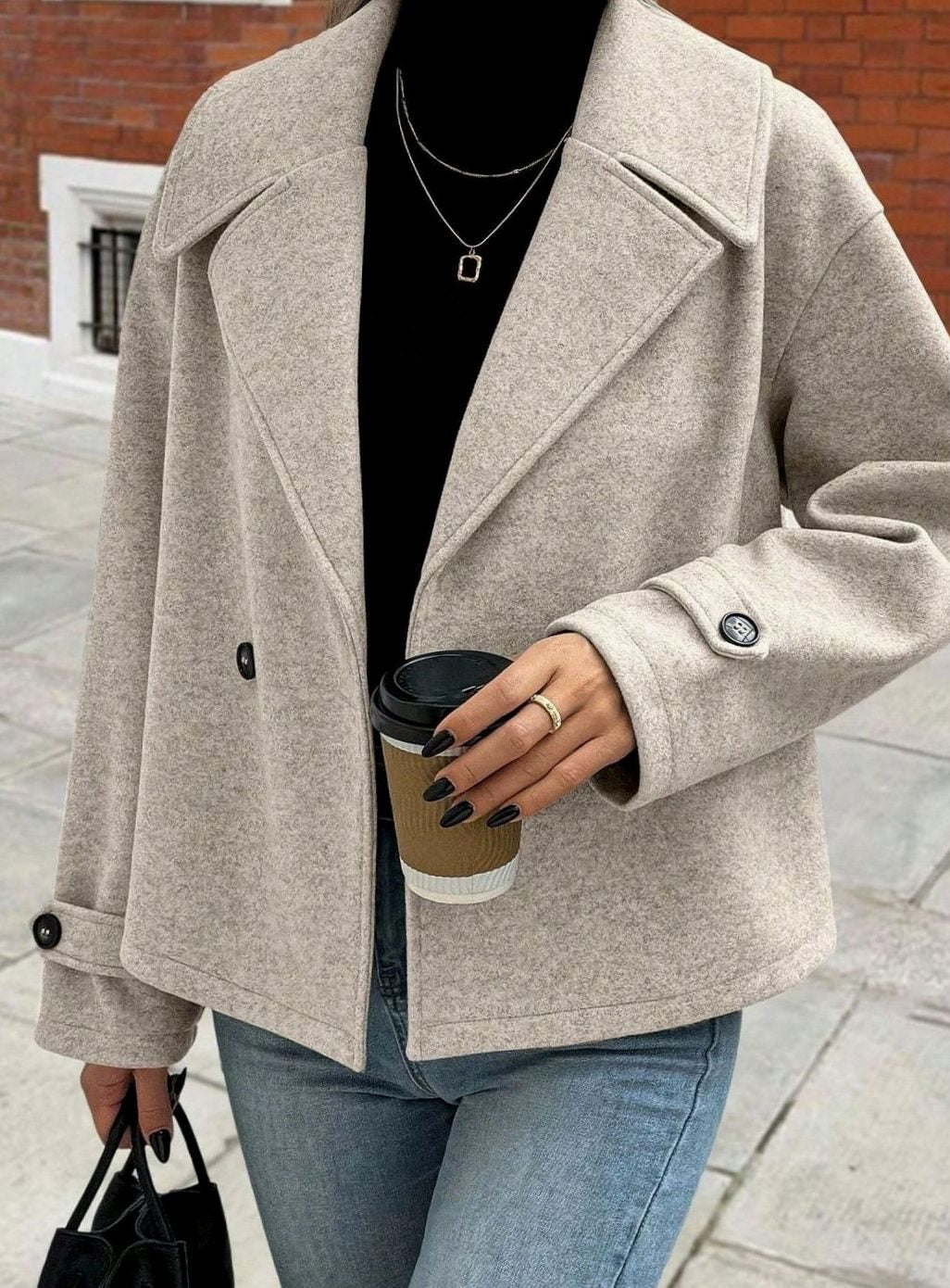 Dames Oversized Winterjas Brede Kraag Dubbelrijige Wollen Mantel