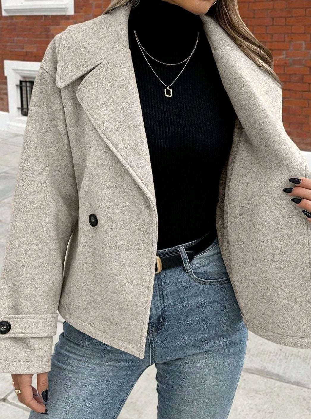 Dames Oversized Winterjas Brede Kraag Dubbelrijige Wollen Mantel