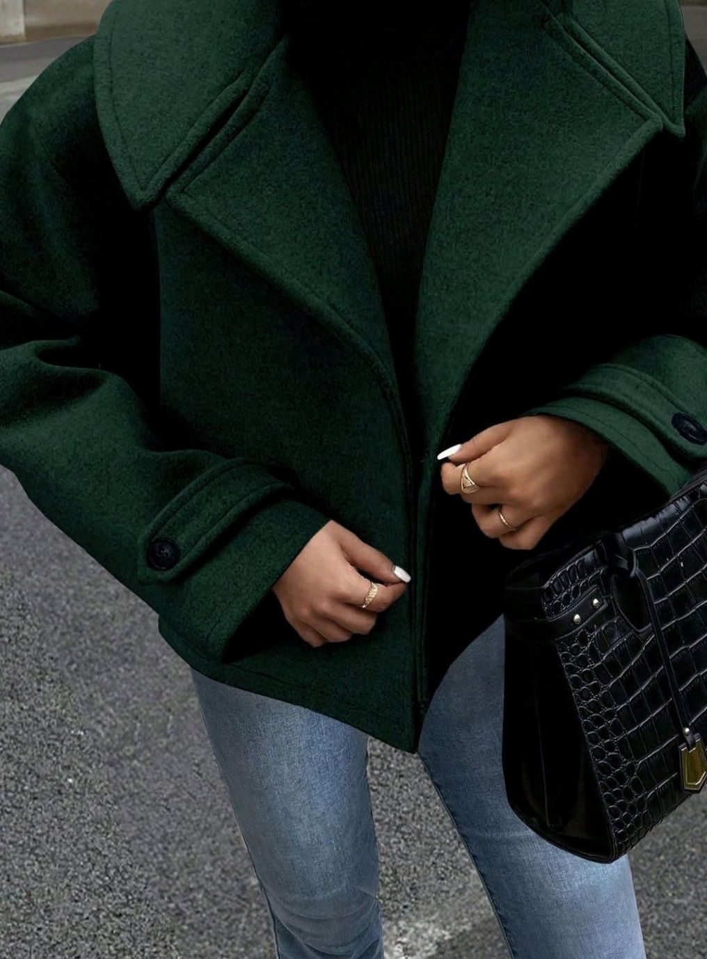 Dames Oversized Winterjas Brede Kraag Dubbelrijige Wollen Mantel - Donkergroen