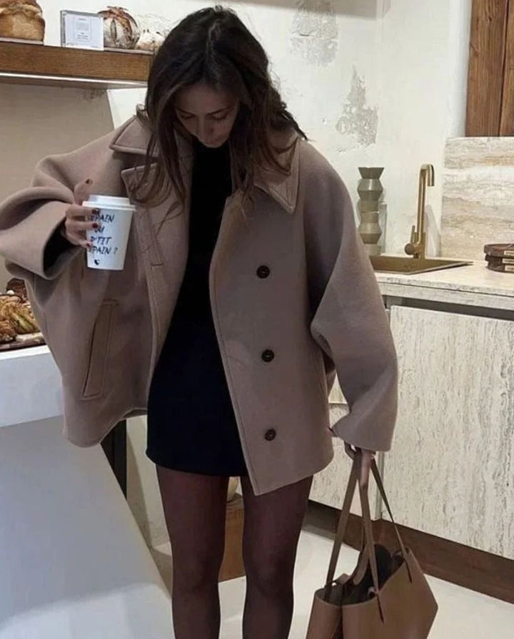 Dames Oversized Wollen Jas met Brede Revers en Knoopsluiting