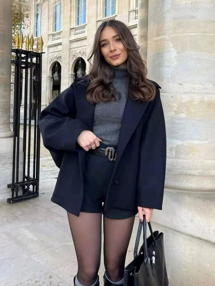 Dames Oversized Wollen Jas met Brede Revers en Knoopsluiting - Zwart