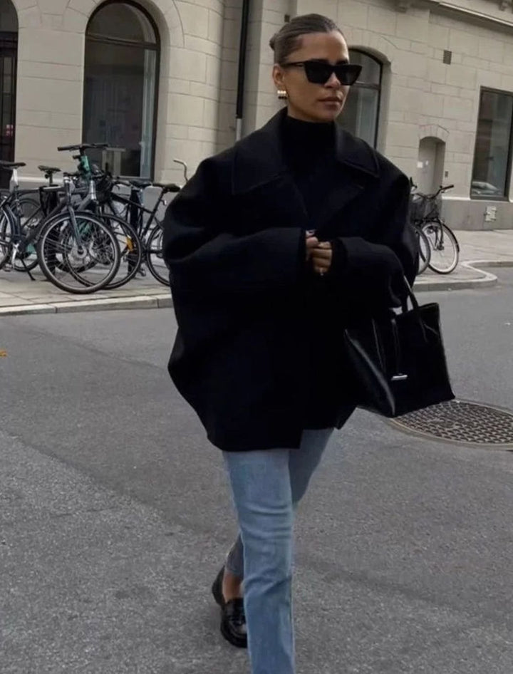 Dames Oversized Wollen Jas met Brede Revers en Knoopsluiting
