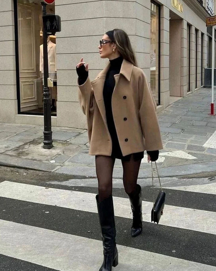 Dames Oversized Wollen Jas met Brede Revers en Knoopsluiting