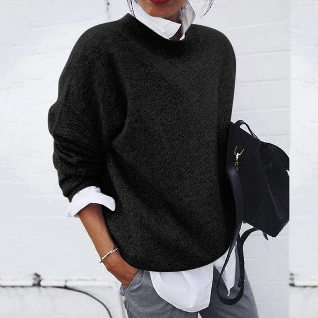 Dames Oversized Zachte Knit Sweater Ronde Hals Pullover - Zwart