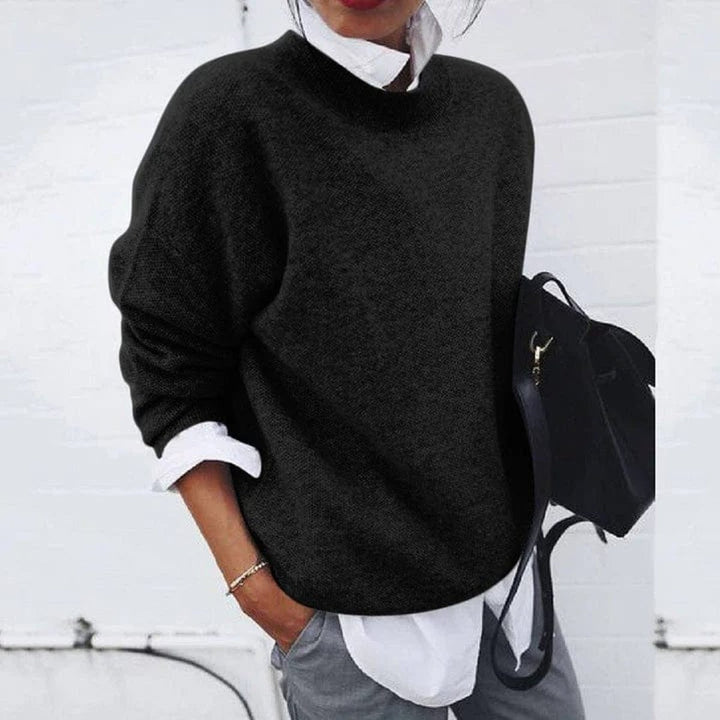 Dames Oversized Zachte Knit Sweater Ronde Hals Pullover - Zwart