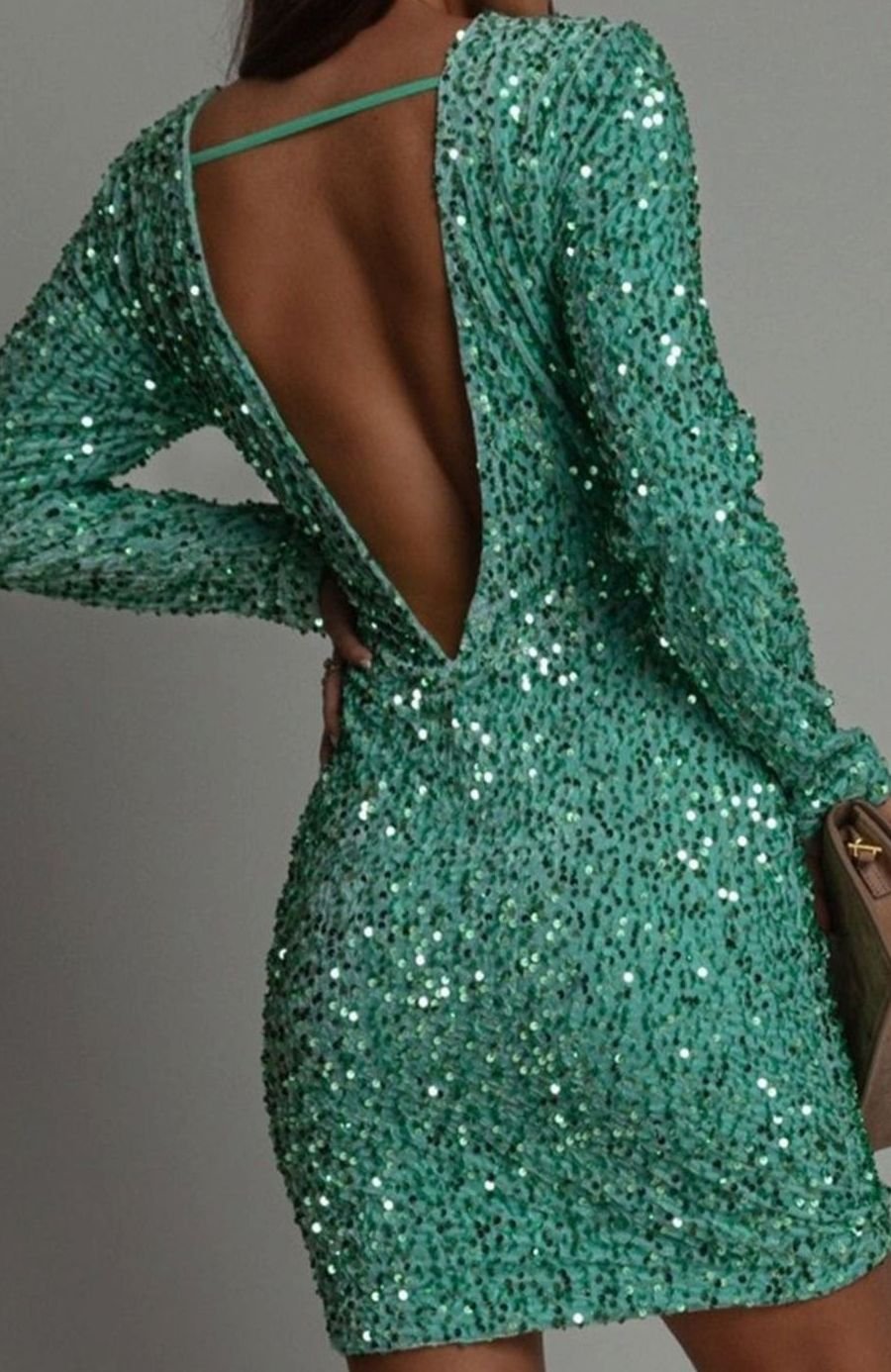 Dames Pailletten Bodycon Mini-jurk met Lange Mouwen Rückenvrij