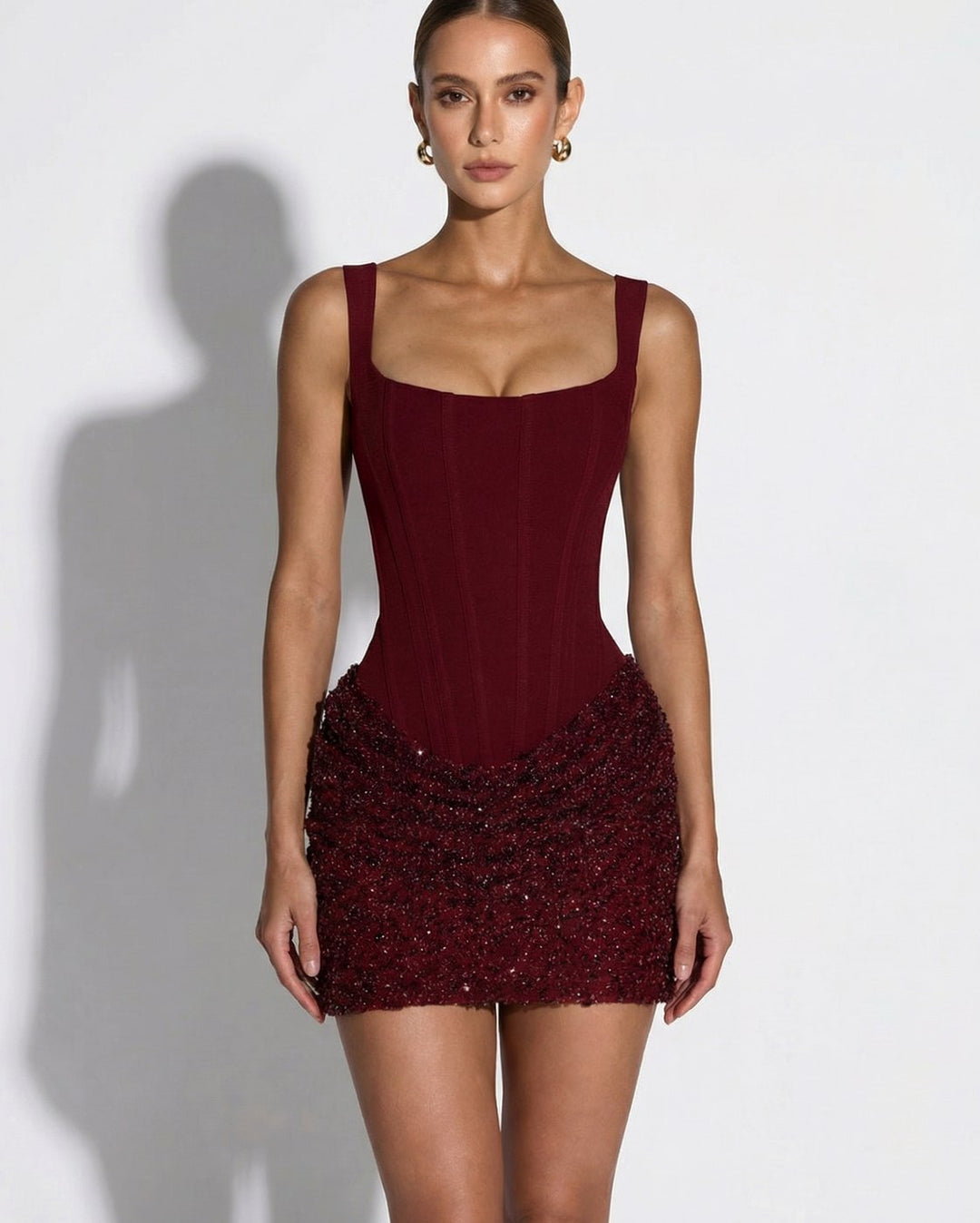 Dames Pailletten Corset Feestjurk Verstelbare Bandjes Vetersluiting - Rood
