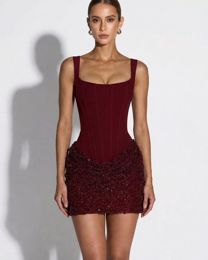 Dames Pailletten Corset Feestjurk Verstelbare Bandjes Vetersluiting - Rood