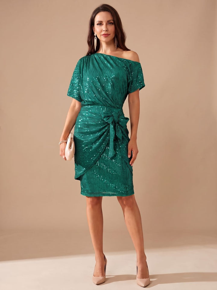 Dames Pailletten Feestjurk Figurvormende Off-Shoulder Midi - Groen