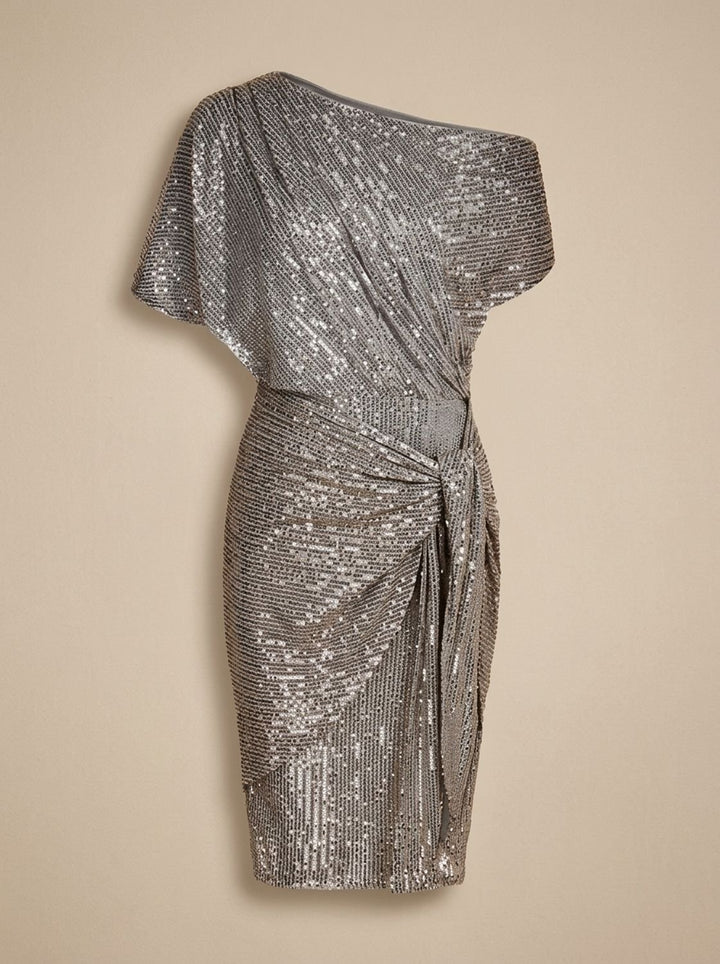 Dames Pailletten Feestjurk Figurvormende Off-Shoulder Midi - Grijs