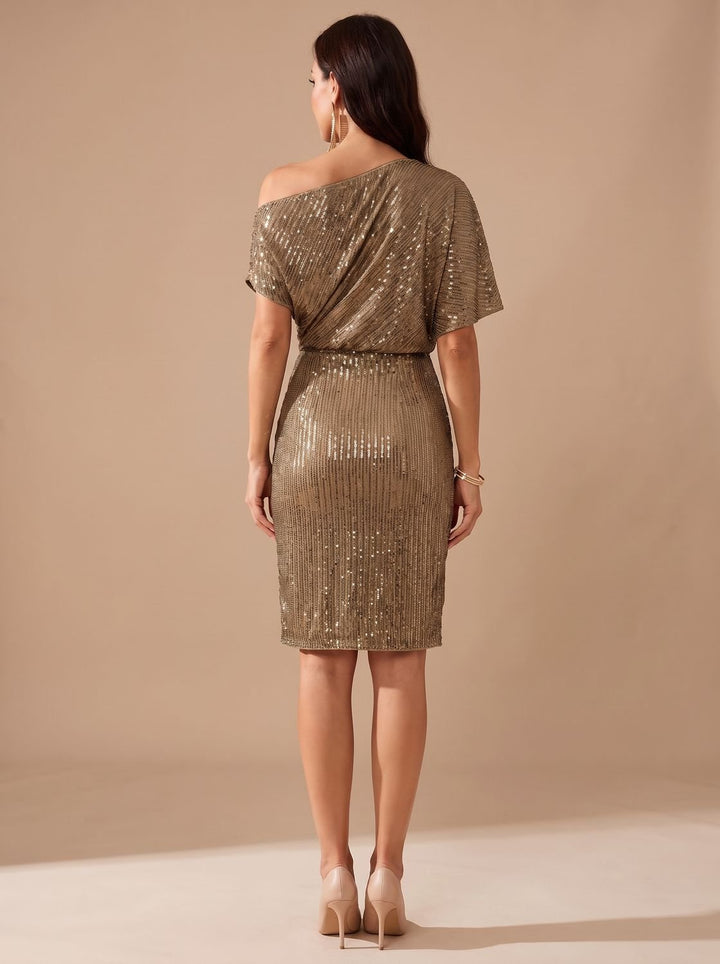 Dames Pailletten Feestjurk Figurvormende Off-Shoulder Midi - Bruin