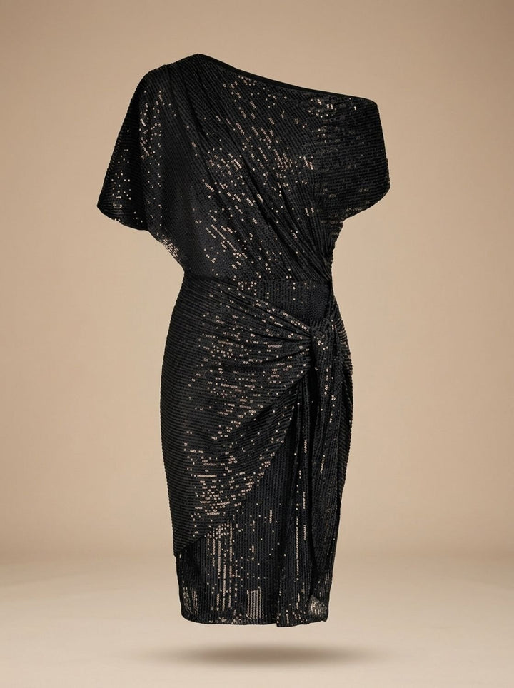 Dames Pailletten Feestjurk Figurvormende Off-Shoulder Midi - Zwart