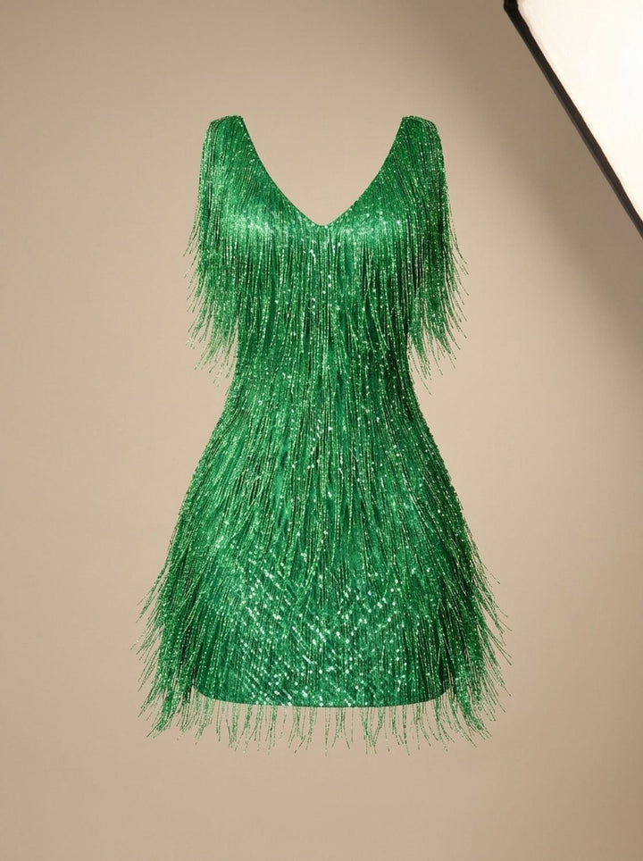 Dames Pailletten Franje Mini Jurk met V-hals Mouwloos - Groen