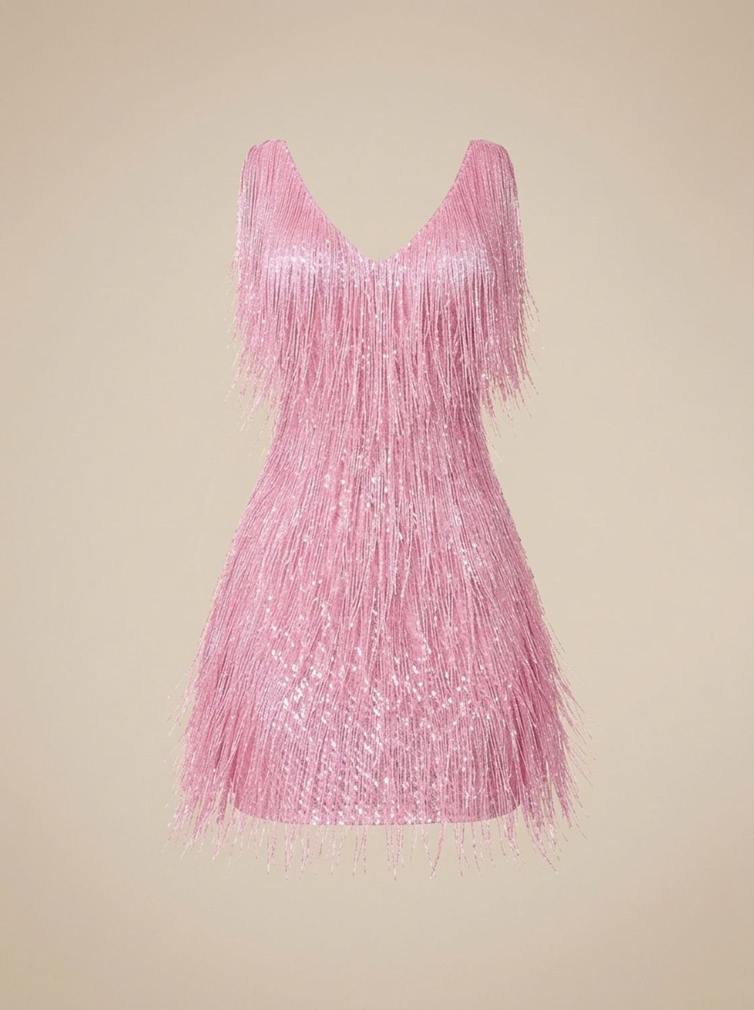 Dames Pailletten Franje Mini Jurk met V-hals Mouwloos - Roze