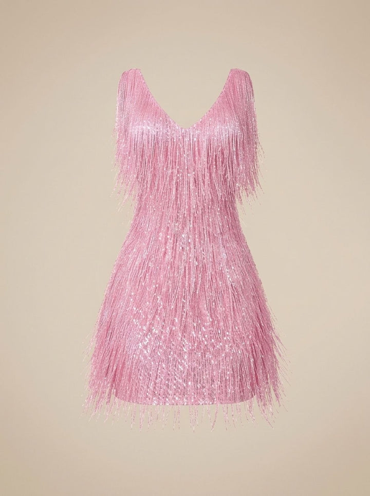 Dames Pailletten Franje Mini Jurk met V-hals Mouwloos - Roze