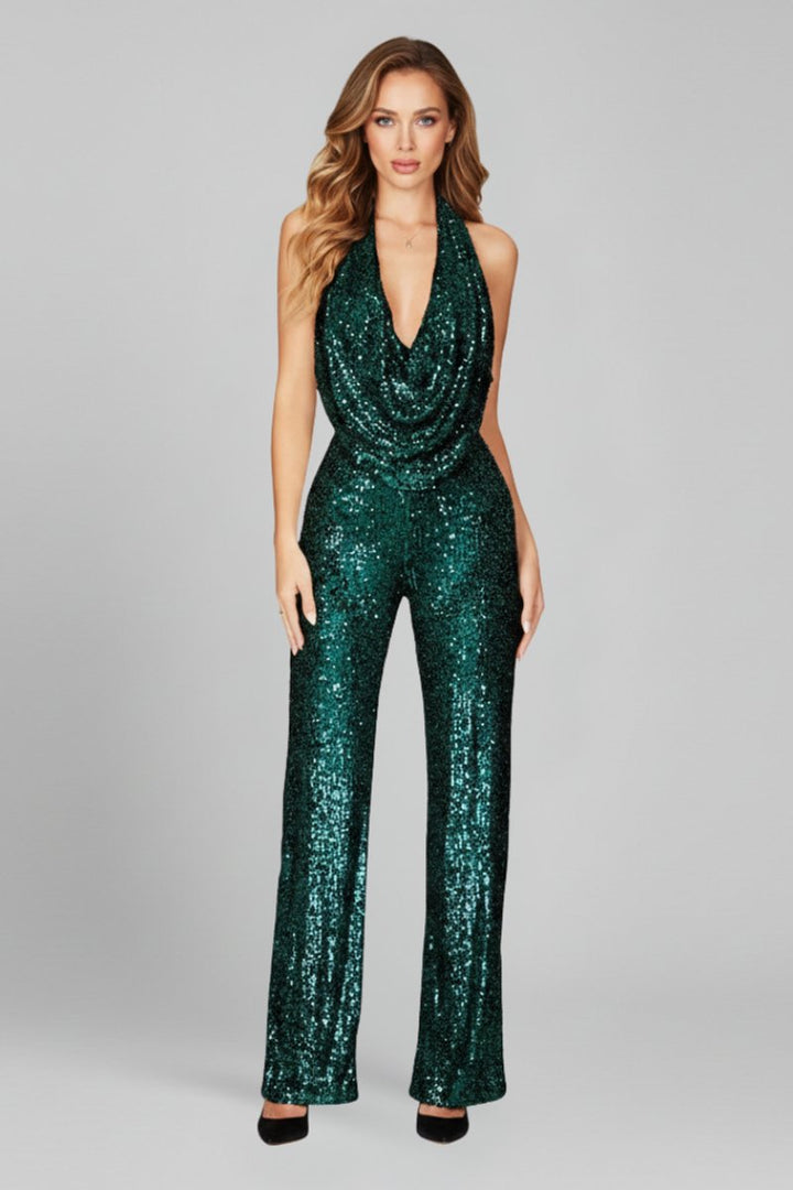 Dames Pailletten Halter Jumpsuit Wijde Pijp Cowl Hals - Green