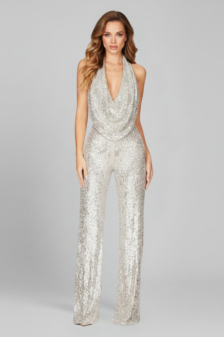 Dames Pailletten Halter Jumpsuit Wijde Pijp Cowl Hals - Silver