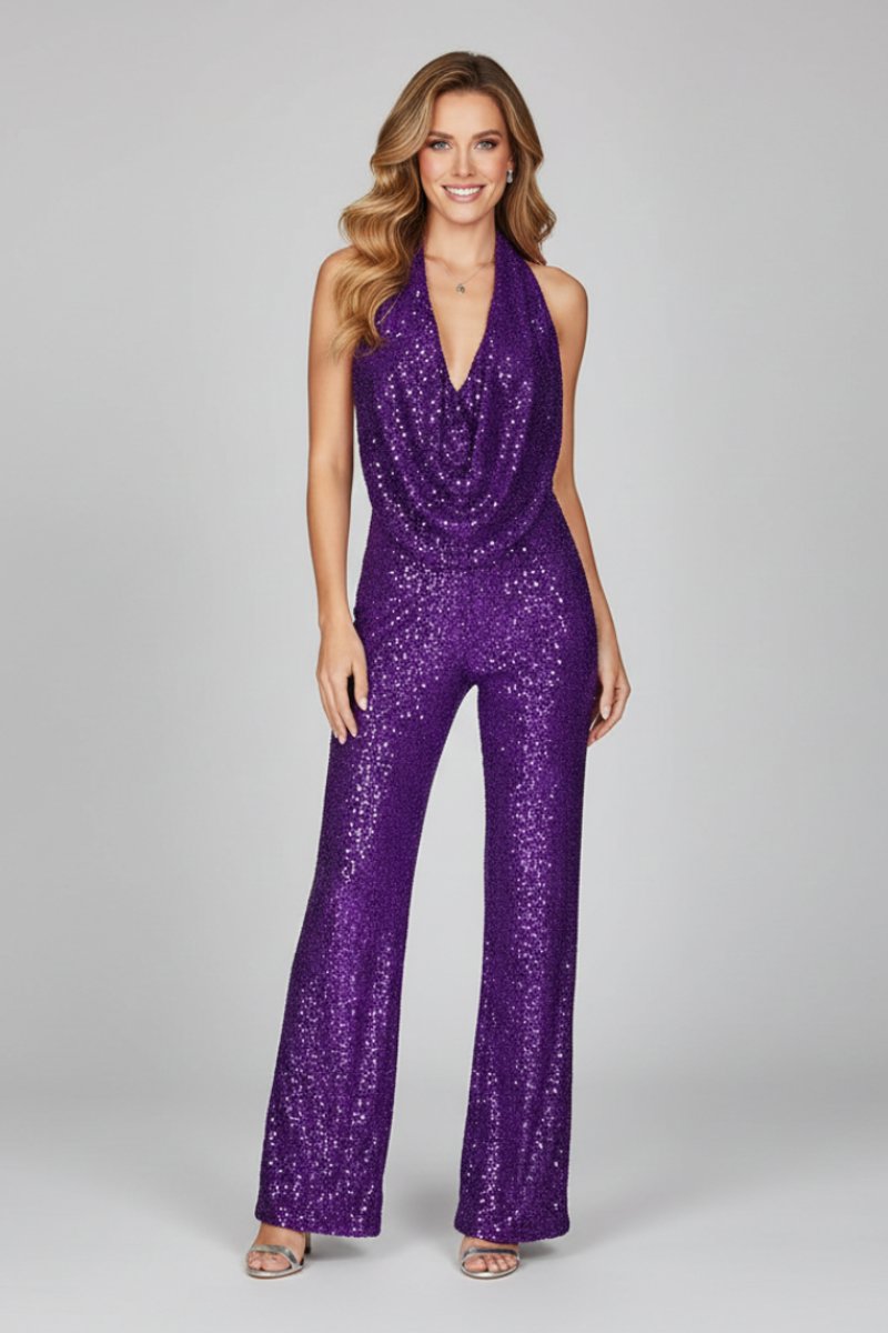 Dames Pailletten Halter Jumpsuit Wijde Pijp Cowl Hals - Purple