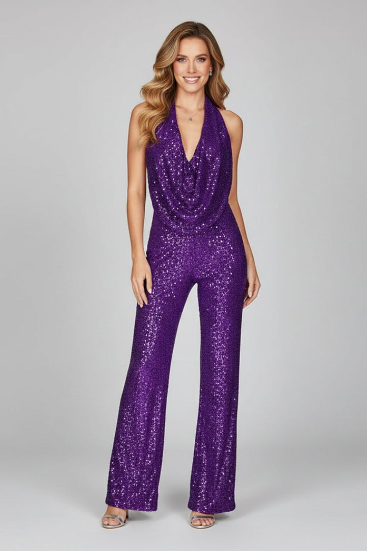 Dames Pailletten Halter Jumpsuit Wijde Pijp Cowl Hals - Purple