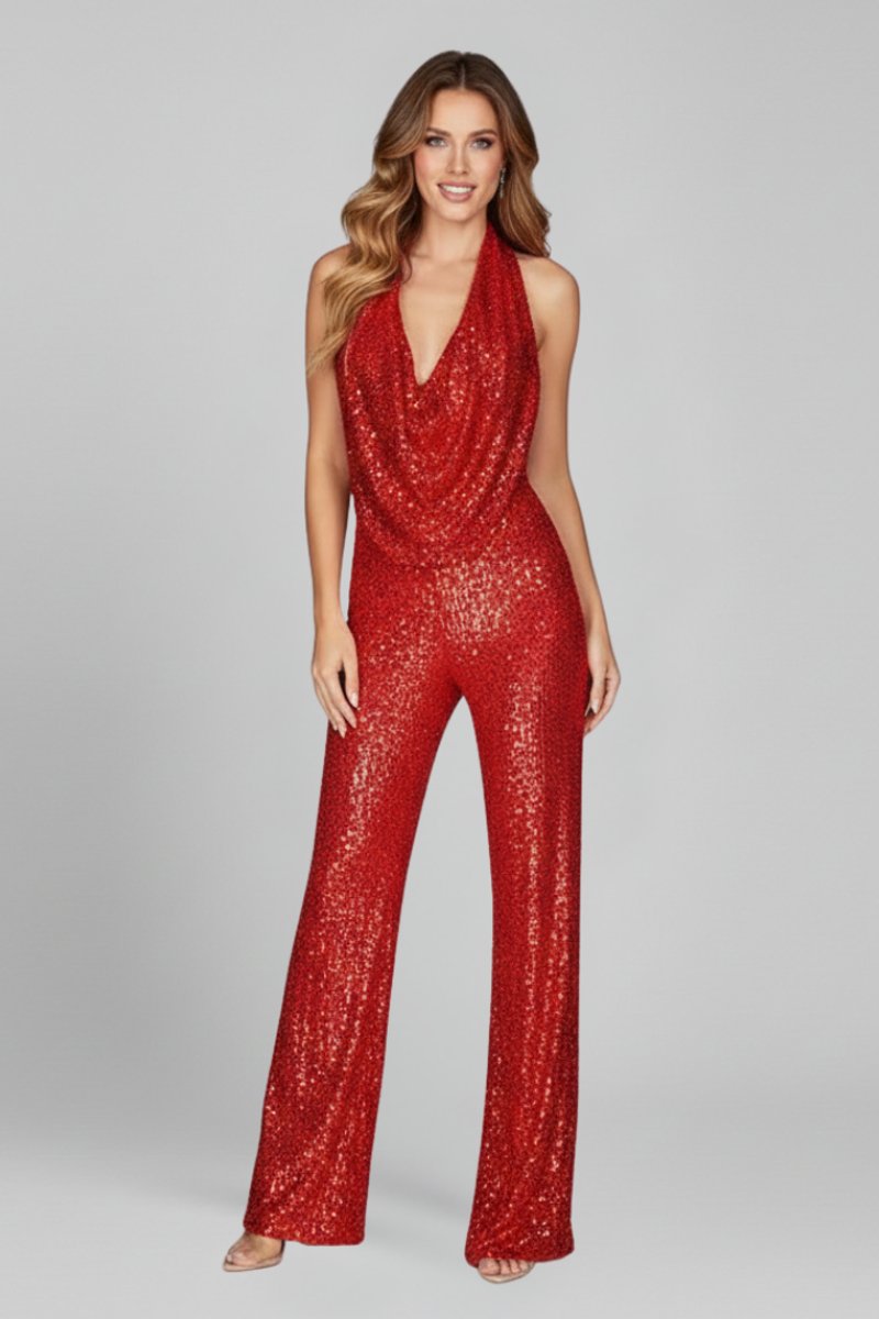 Dames Pailletten Halter Jumpsuit Wijde Pijp Cowl Hals - Red