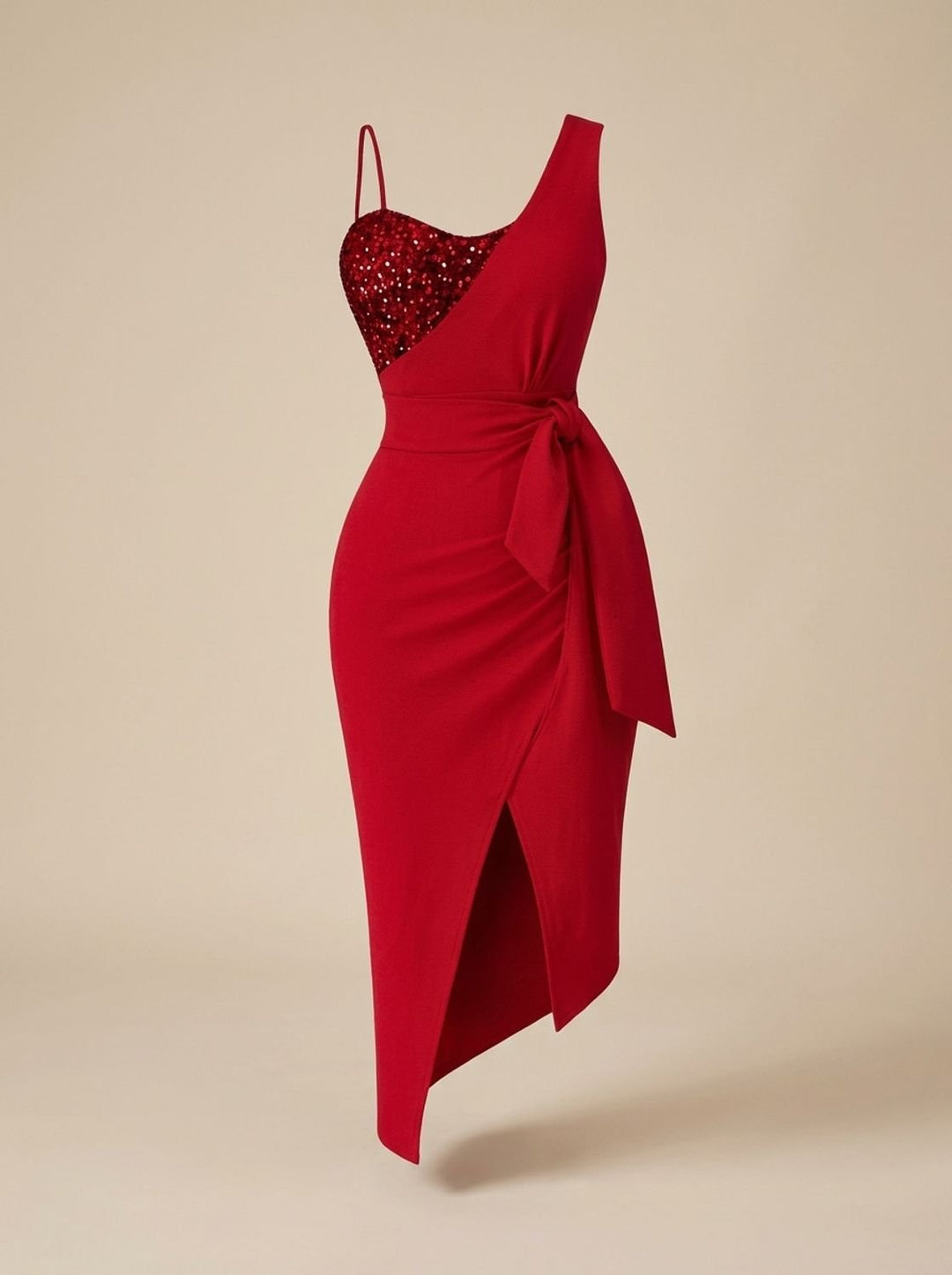 Dames Pailletten Jurk One-Shoulder Avondjurk met Strikceintuur - Rood