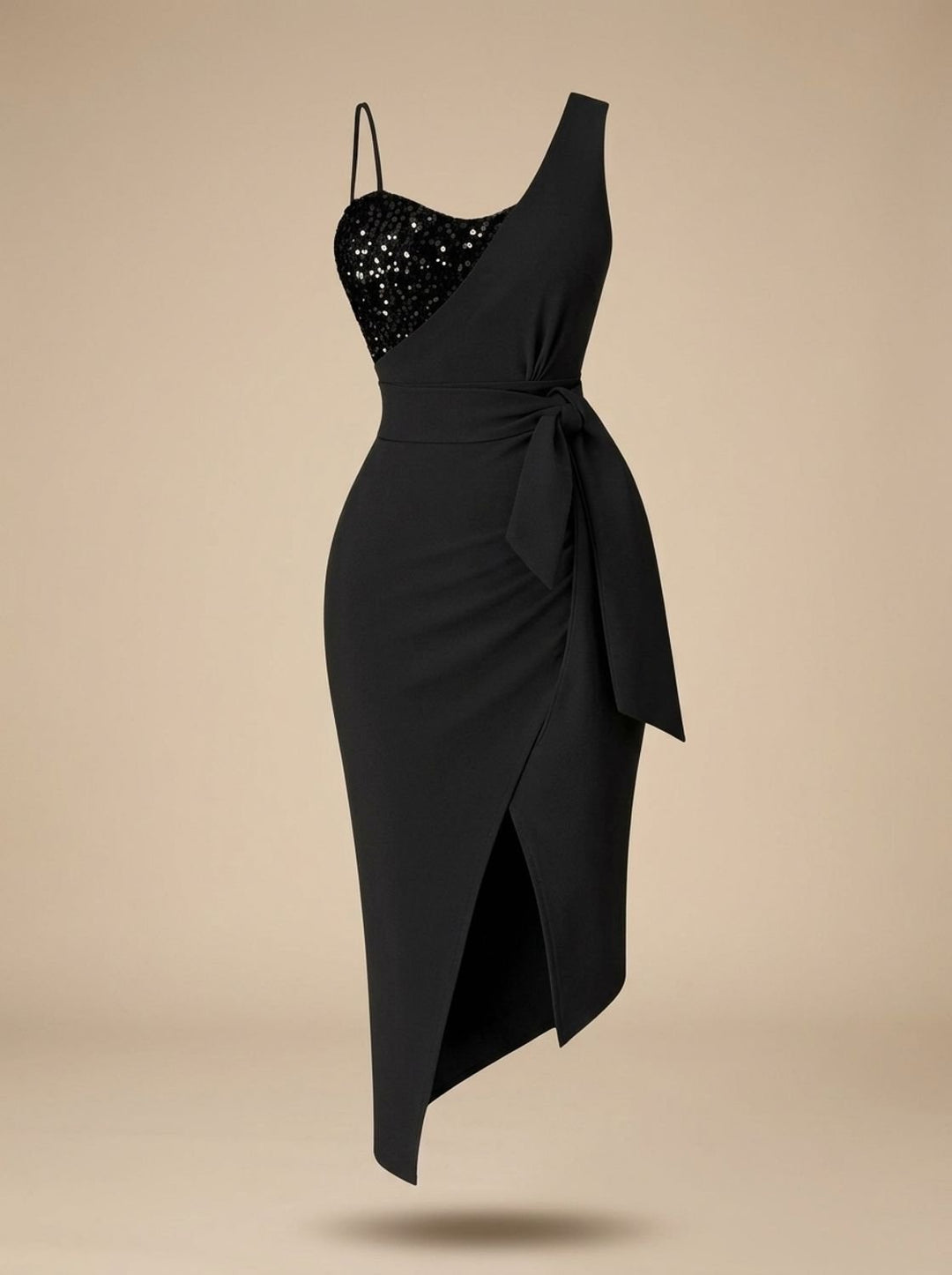 Dames Pailletten Jurk One-Shoulder Avondjurk met Strikceintuur - Zwart