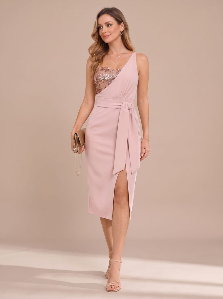 Dames Pailletten Jurk One-Shoulder Avondjurk met Strikceintuur