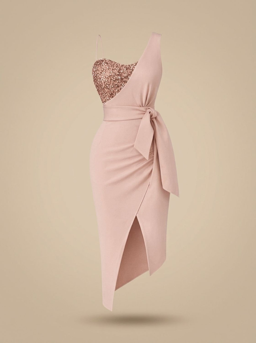 Dames Pailletten Jurk One-Shoulder Avondjurk met Strikceintuur - Roze