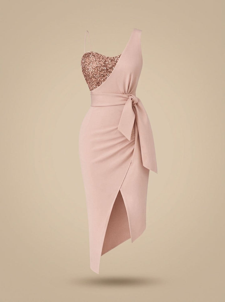 Dames Pailletten Jurk One-Shoulder Avondjurk met Strikceintuur - Roze