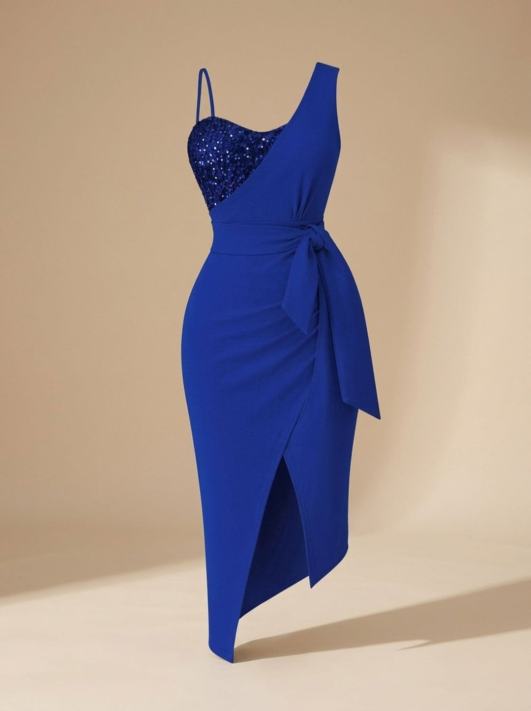 Dames Pailletten Jurk One-Shoulder Avondjurk met Strikceintuur - Blauw