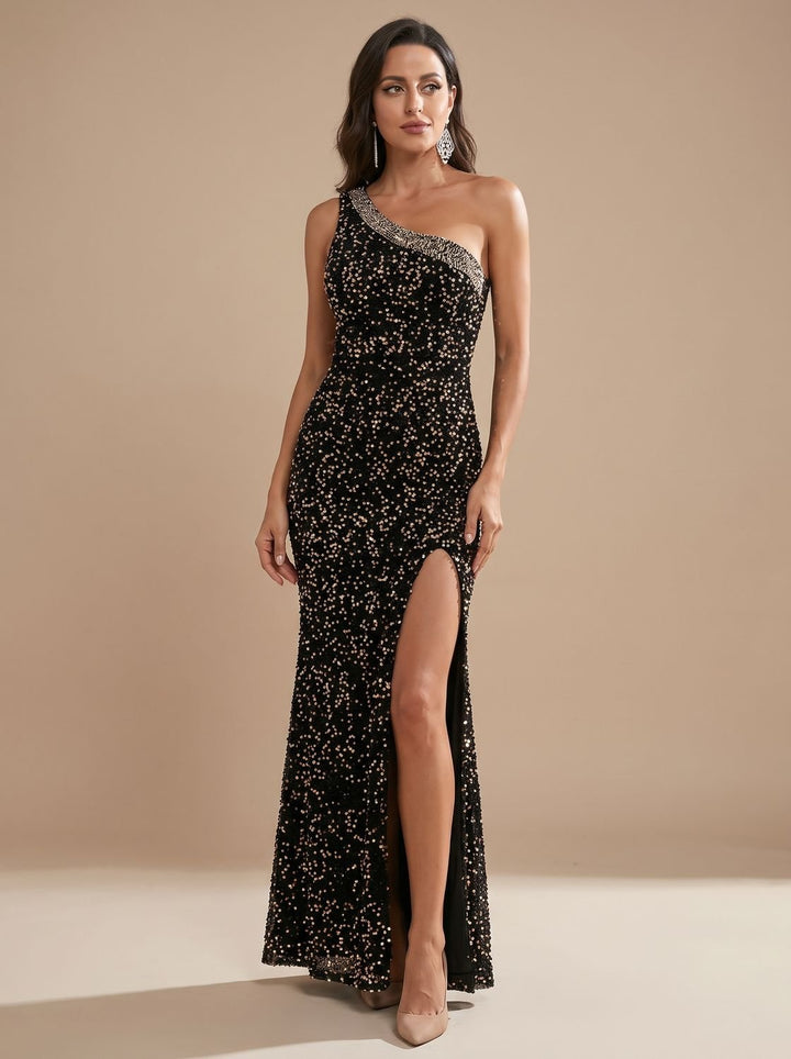 Dames Pailletten Maxi-Jurk One-Shoulder met Split
