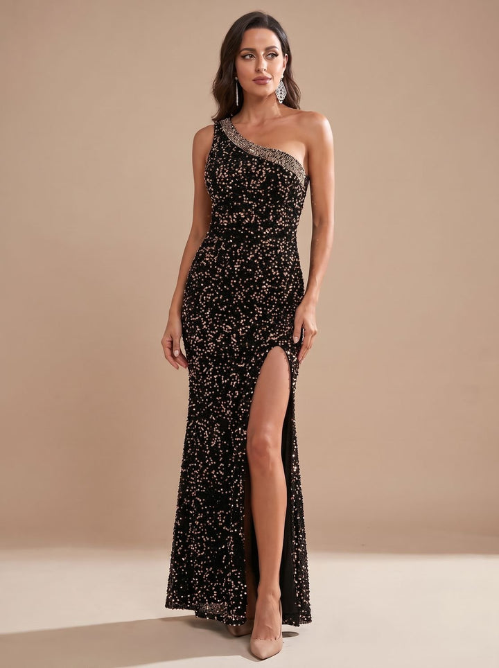 Dames Pailletten Maxi-Jurk One-Shoulder met Split - Zwart