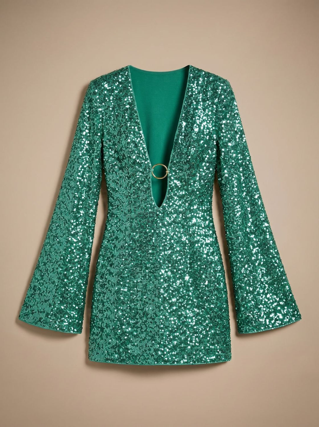 Dames Pailletten Mini-jurk Diepe V-hals Lange Mouwen - Groen