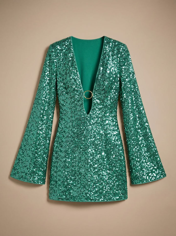 Dames Pailletten Mini-jurk Diepe V-hals Lange Mouwen - Groen